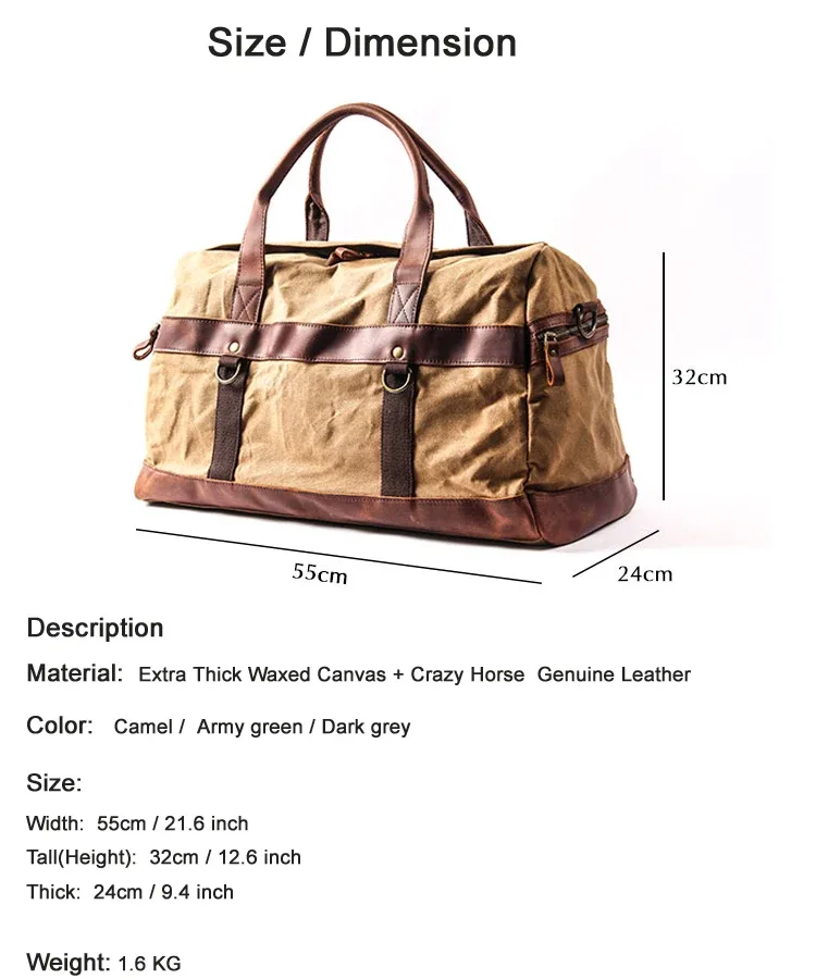 sac de voyage pour homme en toile cirée imperméable et cuir, sac à main, sac de cabine, grand sac fourre-tout vintage, sac de week-end, grand sac de nuit.