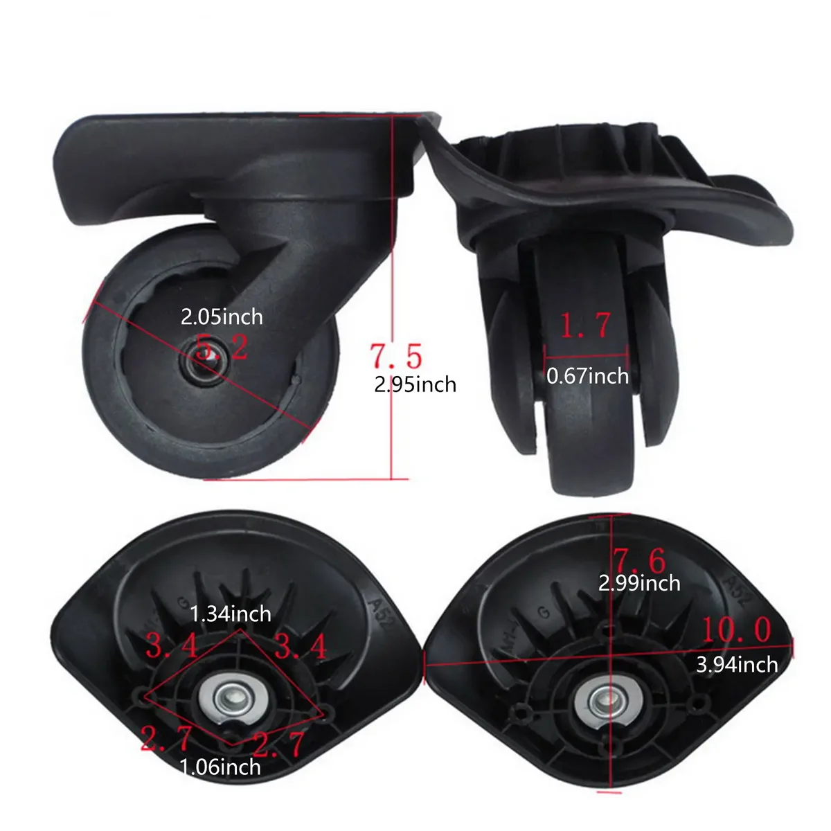 2 pièces a52 taille bagages roues de remplacement pivotantes silencieux résistant à l'usure valise roulettes pour chariot sacs de voyage facile à installer