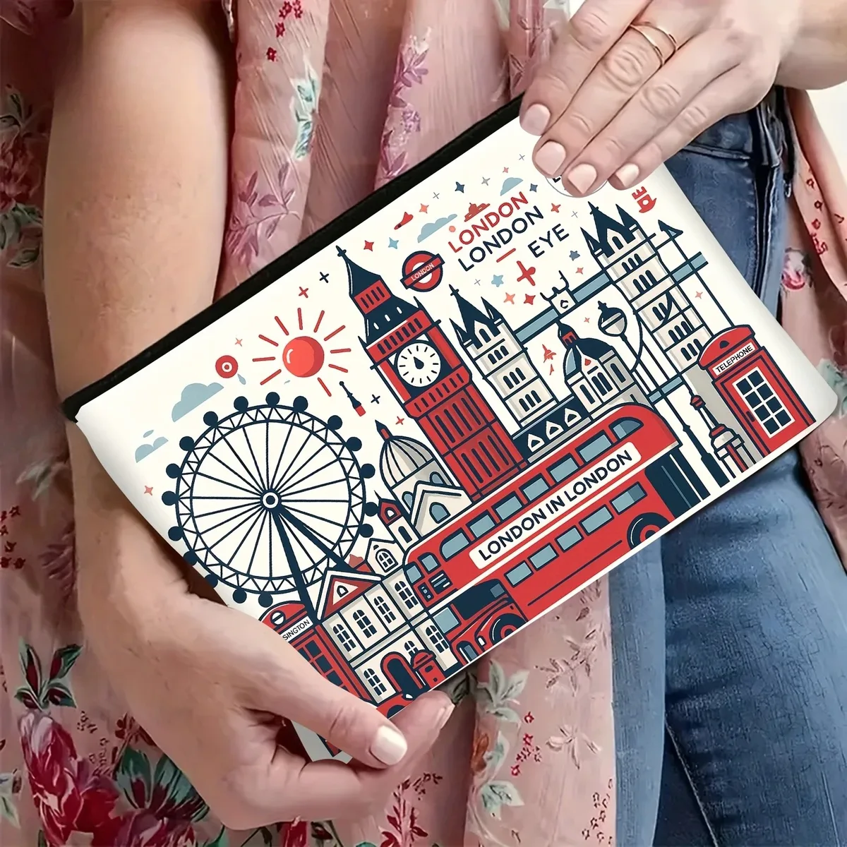 modèle de construction de londres, trousse de maquillage de voyage multifonctionnelle, sac de collation d'urgence, sac de rangement durable à fermeture éclair en polyester,