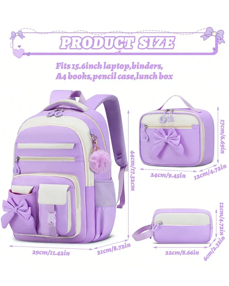 ensemble de 3 sacs à dos scolaires élémentaires grande capacité mignons pour jeunes filles du collège avec trousse et boîte à lunch