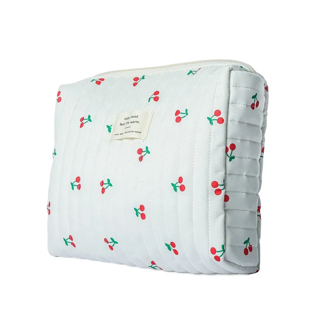 pochette à maquillage rétro à imprimé cerise, en coton matelassé, grande capacité, sac cosmétique mignon multifonctionnel, trousse de toilette, rangement pour maquillage