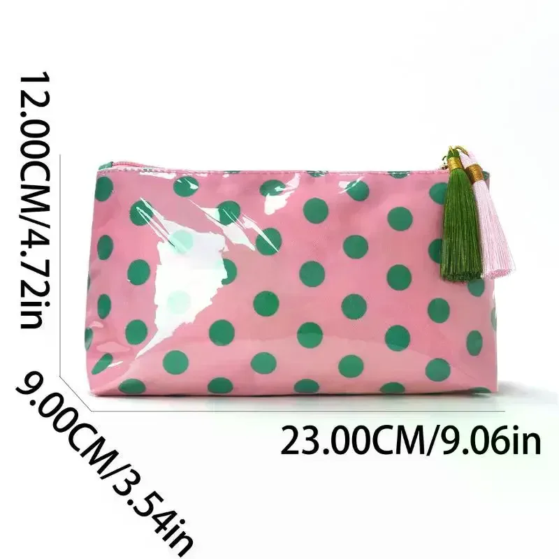 sac à cosmétiques rétro à pois en pvc, sac de maquillage avec franges et fermeture éclair, trousse de toilette de voyage étanche, étui pour pinceaux de maquillage