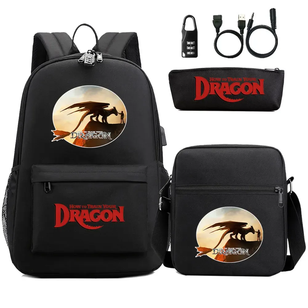 comment entraîner votre dragon 3 pièces usb antivol serrure garçon fille enfants retour à l'école livre sacs voyage sac à dos sac à bandoulière sacs à stylos