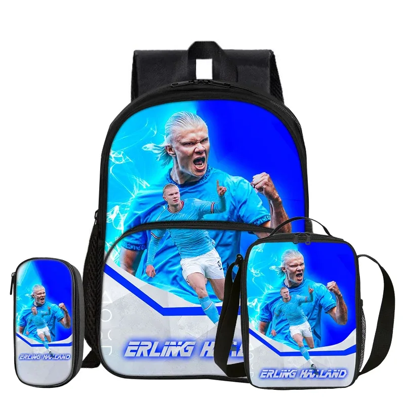 ensemble de 3 pièces haaland avec sac à dos à poche avant, sac à déjeuner isotherme, trousse à crayons de footballeur, cadeau pour enfants