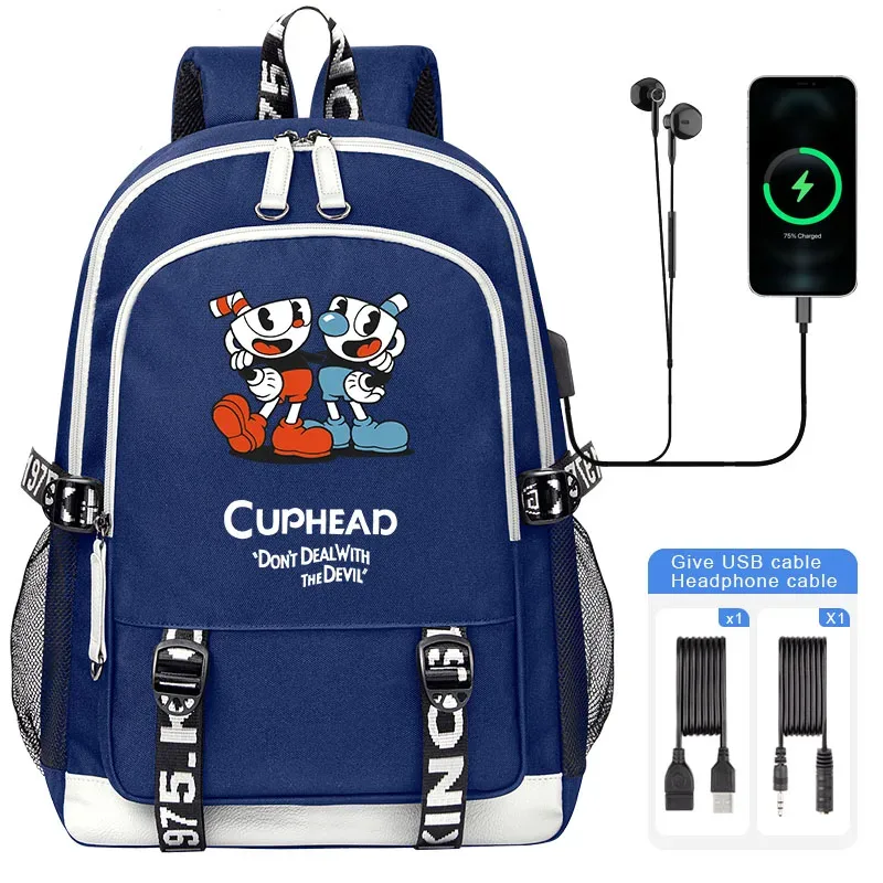 cuphead mugman sacs d'école pour adolescent usb charge sac à dos pour ordinateur portable garçons filles étudiant livre sac mochila sac de voyage