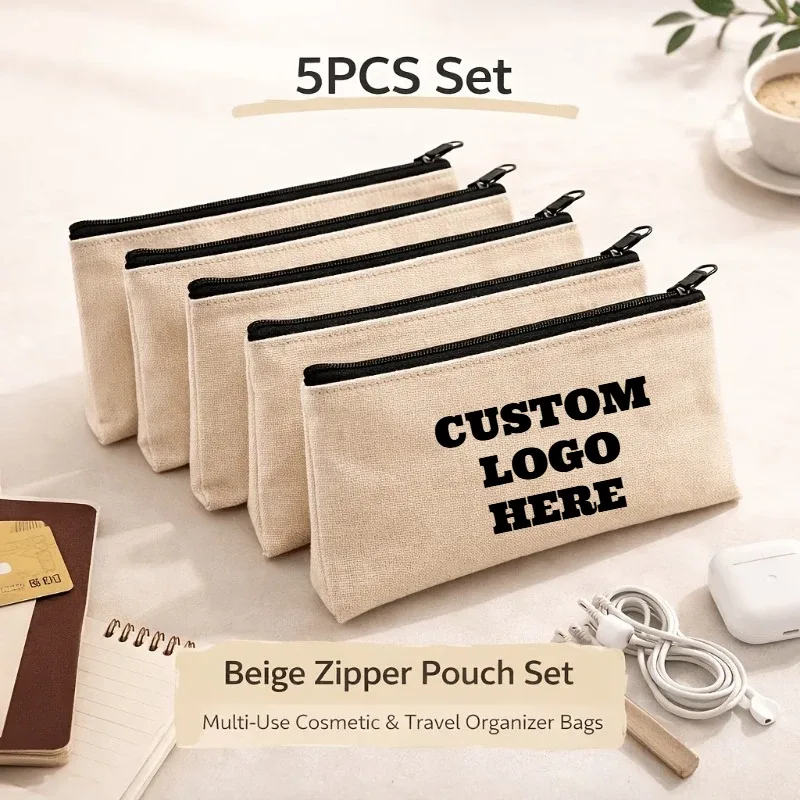 pochette en toile avec fermeture éclair personnalisée avec logo, 5 pièces, trousse à maquillage, étui à crayons, pour cosmétiques, bricolage, artisanat, sac de rangement multifonctionnel pour voyage et articles de toilette