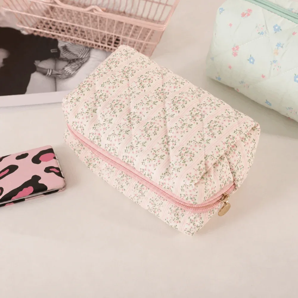 sac de maquillage en coton doux et durable, imprimé floral matelassé, grande capacité, trousse de toilette, organisateur de maquillage pour femmes et filles