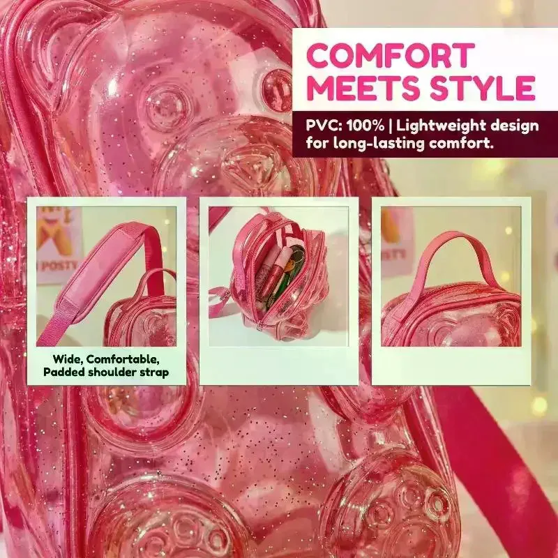 sac à dos transparent en pvc couleur bonbon y2k, sac bandoulière mignon en forme d'ours pour adolescentes, idéal pour l'école et l'usage quotidien