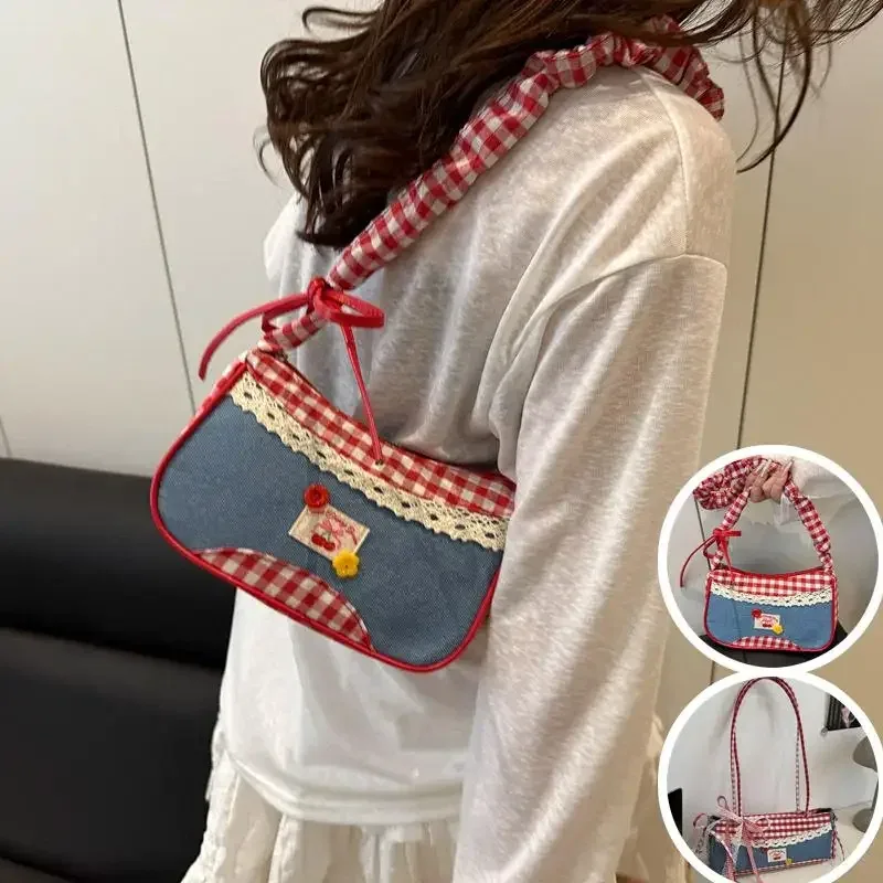 sacs à bandoulière en dentelle à carreaux pour femmes, sac sous les bras en patchwork de style collégial pour filles, design plissé simple, sacs à main féminins