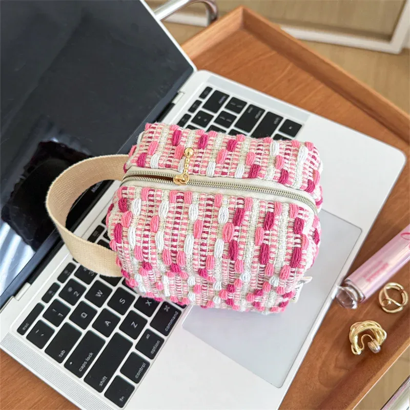 sac à main tissé rayé pour fille, petit sac cosmétique portable, sac de rangement de voyage, sac intérieur color-block pour sac de voyage