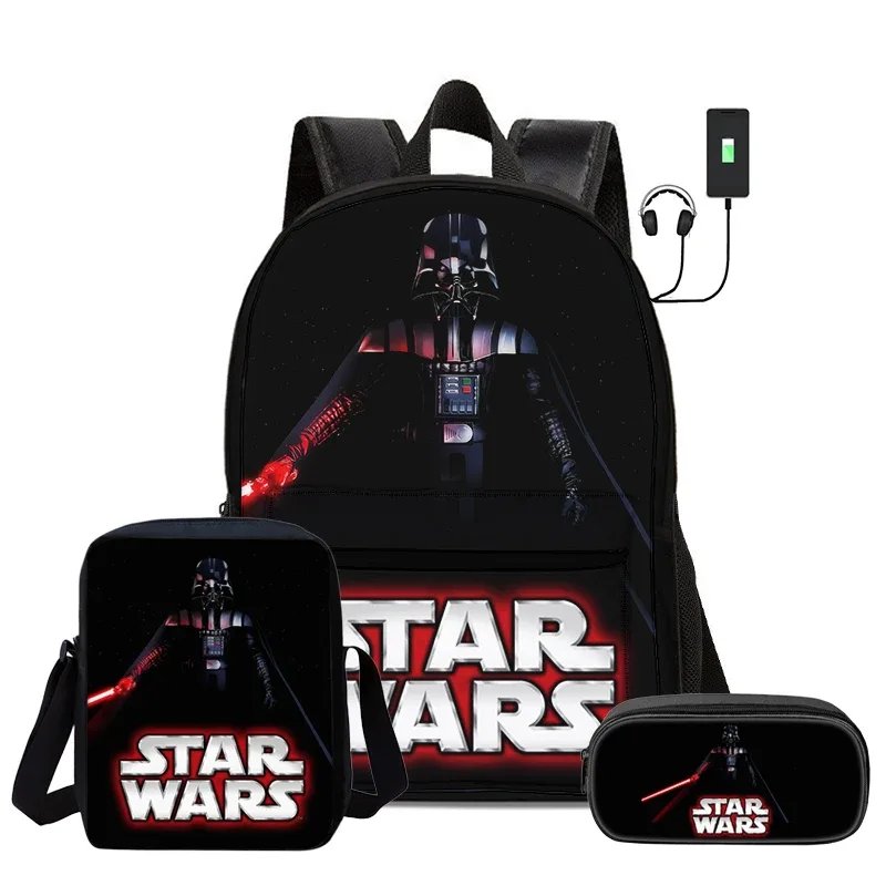 ensemble de 3 pièces star wars movie, sac à dos d'école pour enfant avec interface usb, sac à bandoulière, sac à crayons, sac à dos