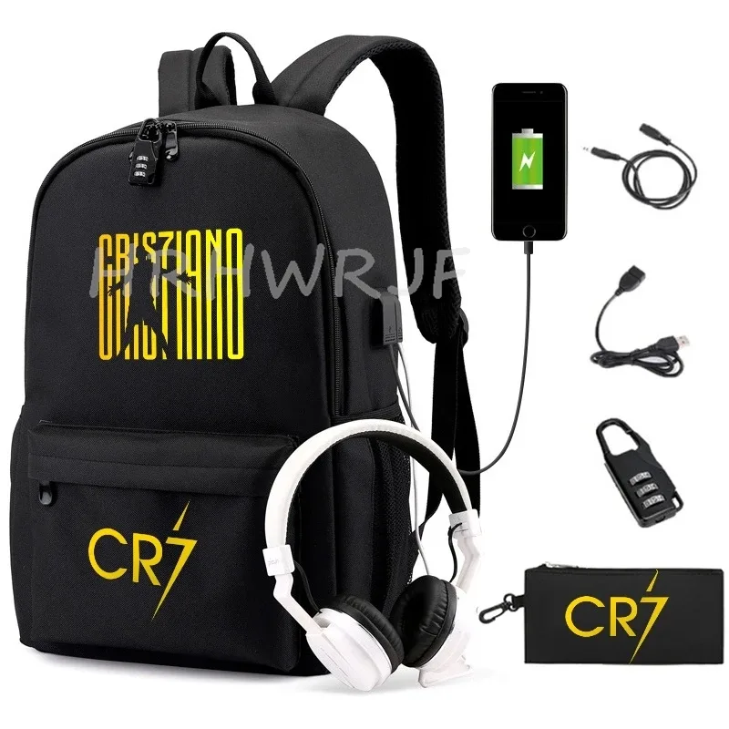 sac à dos usb cr7 pour femmes et hommes, sac à dos de voyage décontracté anti-vol, sacs d'école pour adolescents avec capacité pour ordinateur portable, avec trousse à crayons, 2 pièces