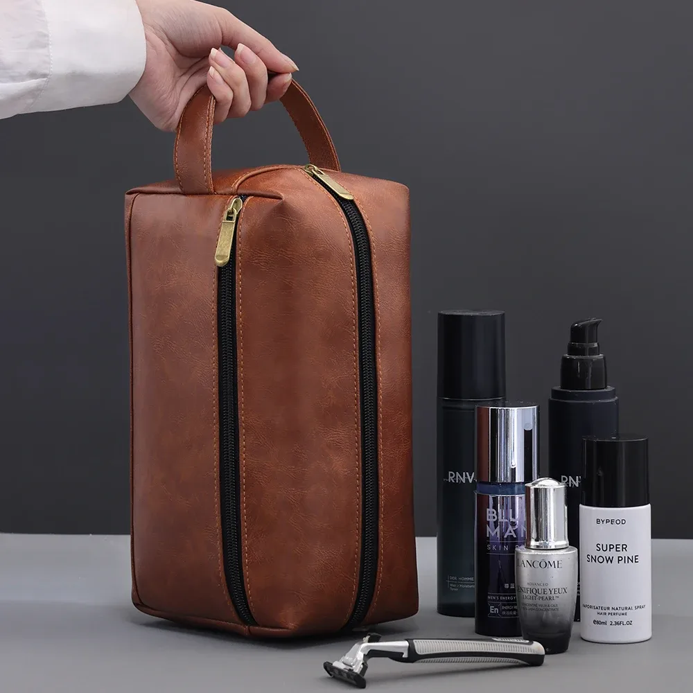 sac à cosmétiques en cuir pour hommes, voyage d'affaires, rasage, trousse de toilette portable, organisateur de grande capacité, sac de lavage à main