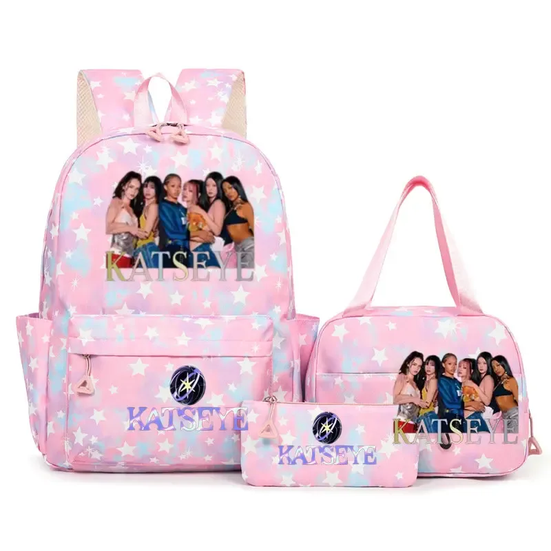 sac à dos scolaire pour étudiants avec imprimé amusant hot katseye, ensemble de sacs à dos, sac à déjeuner et trousse à crayons, sac à dos populaire pour enfants et adolescents, couleur bonbon