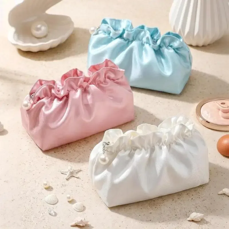 sac de maquillage portable en polyester, forme nuage, fermeture à cordon, pochette cosmétique, surface brillante, grande capacité, organisateur de voyage quotidien