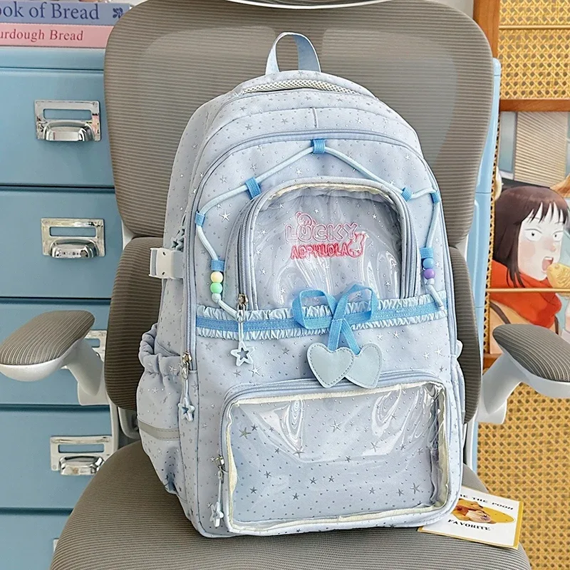sac à dos pour femmes, sac de voyage multi-poches, joli sac d'école à rayures réfléchissantes avec nœud et étoiles pour adolescentes, sac à livres