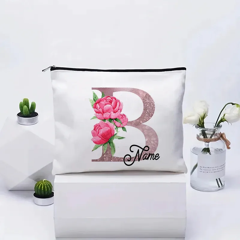 trousse de maquillage personnalisable avec prénom, cadeau de mariage, grande pochette en toile à fermeture éclair, motif floral pivoine, essentiels de voyage, maquillage