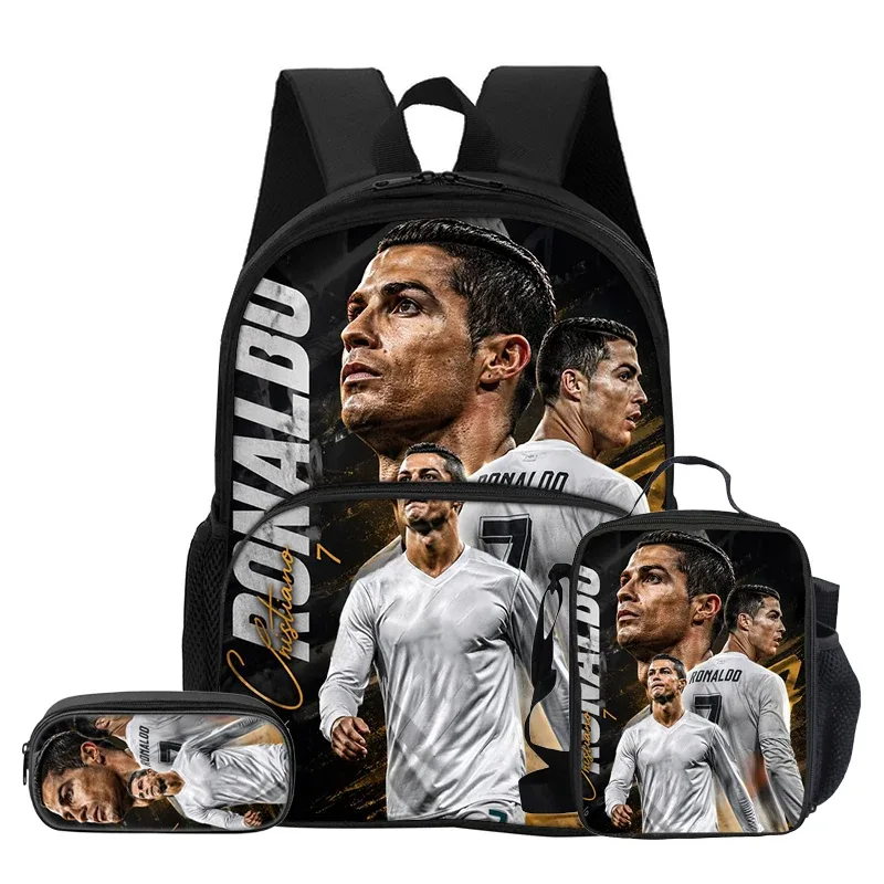 ensemble de 3 pièces avec sac à dos à poche avant ronaldo, sac isotherme pour le déjeuner, trousse à crayons cr, sac à dos de star du football