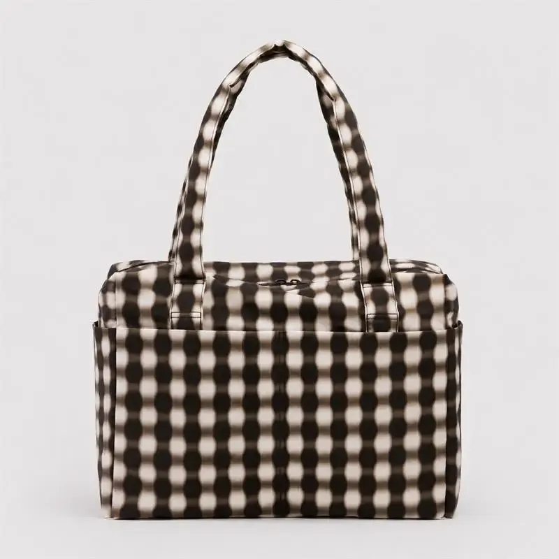 sac fourre-tout en nylon grande capacité, imprimé léopard à carreaux, design multi-poches, sac à bandoulière, sac de voyage pliable, sac à main