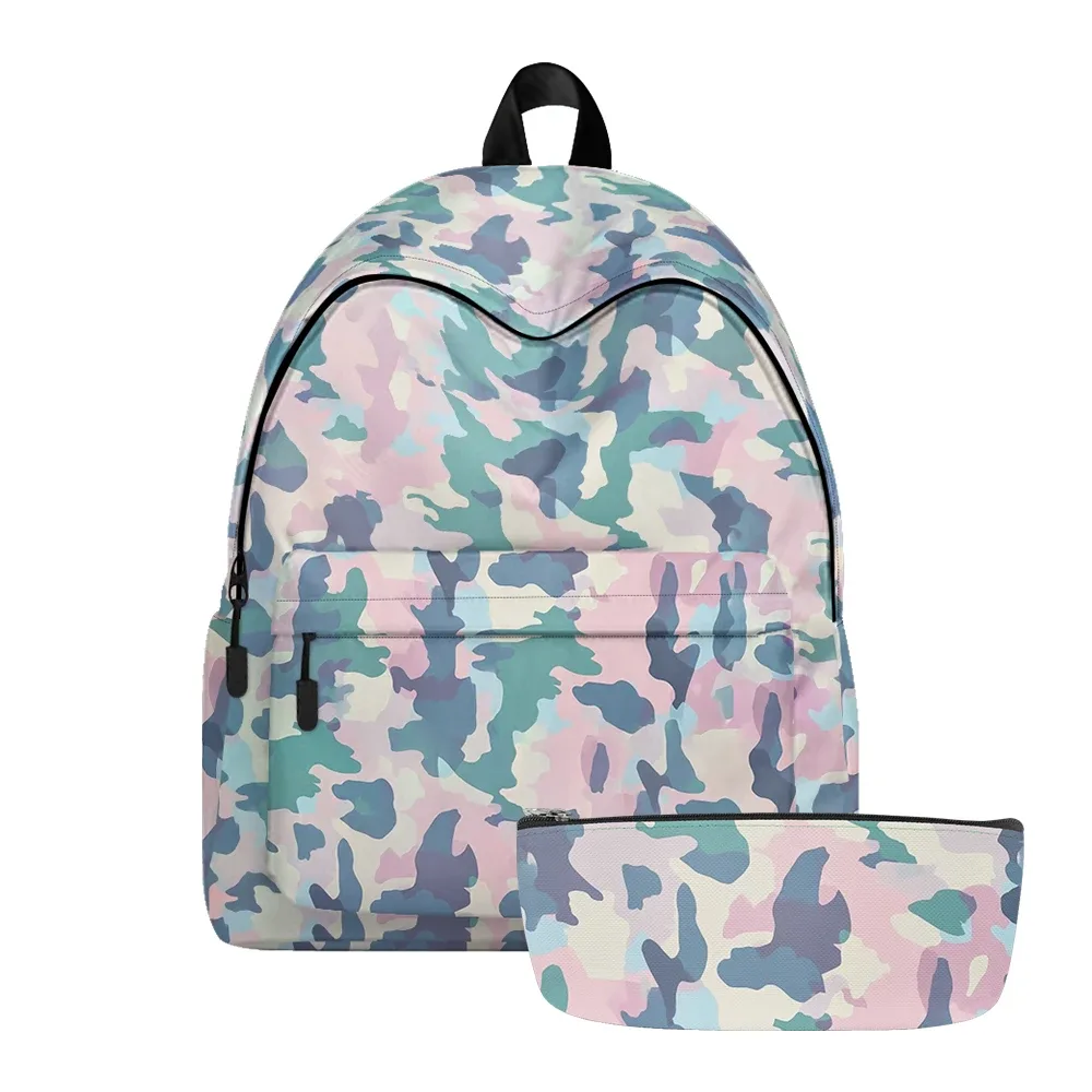 sac à dos imprimé camouflage pastel aquarelle, sacs à crayons, bretelles réglables, sac d'école léger et durable, sac à dos de voyage, ensembles pour adolescents