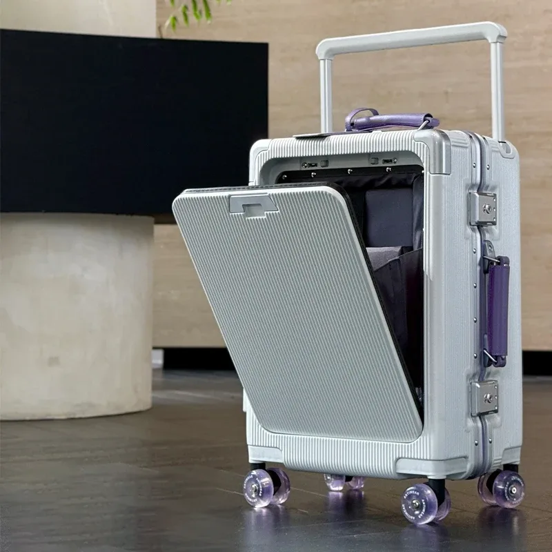 Valise de voyage 20/24/26 pouces avec cadre en aluminium, trolley large, bagage cabine avec porte-gobelet, valise à roulettes pour l'embarquement