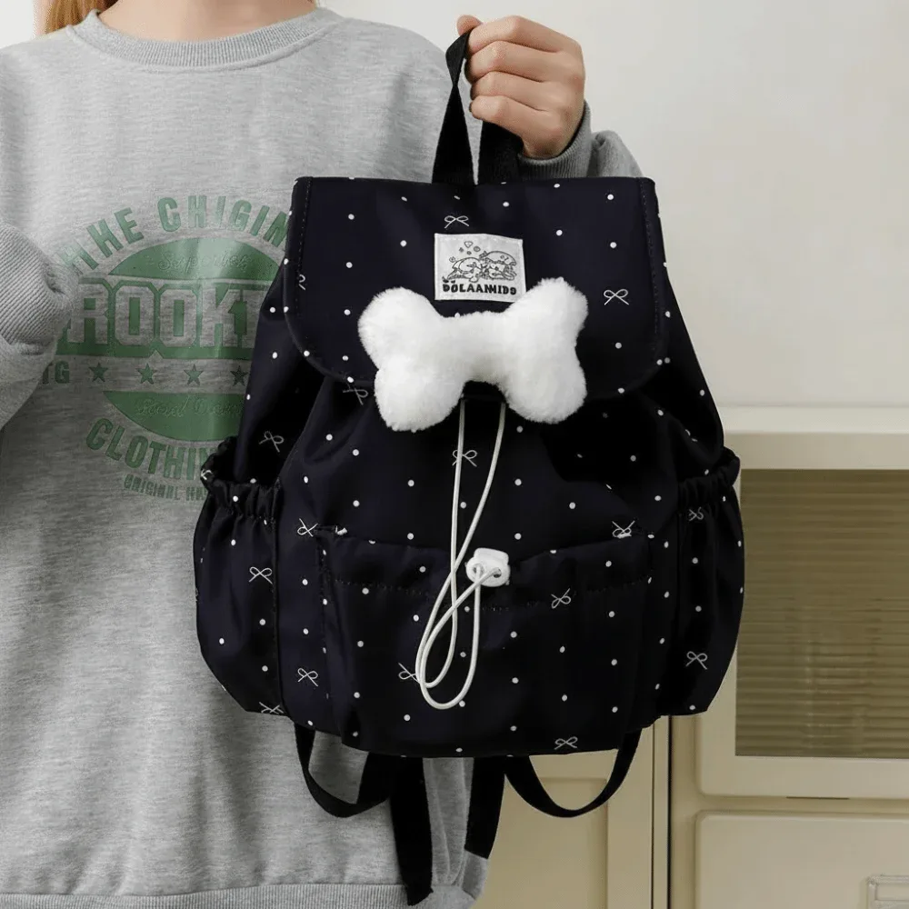 Sac à dos à cordon de serrage à pois, grande capacité, ultra léger, double bandoulière, en nylon, avec nœud papillon, pour femme