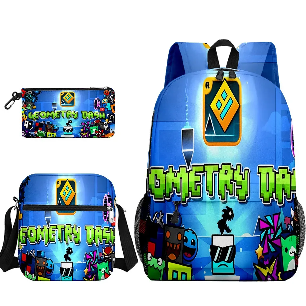 populaire cool geometry dash 3d imprimé 3 pièces/ensemble sacs d'école pour élèves sac à dos pour ordinateur portable sac à dos sac à bandoulière incliné trousse à crayons