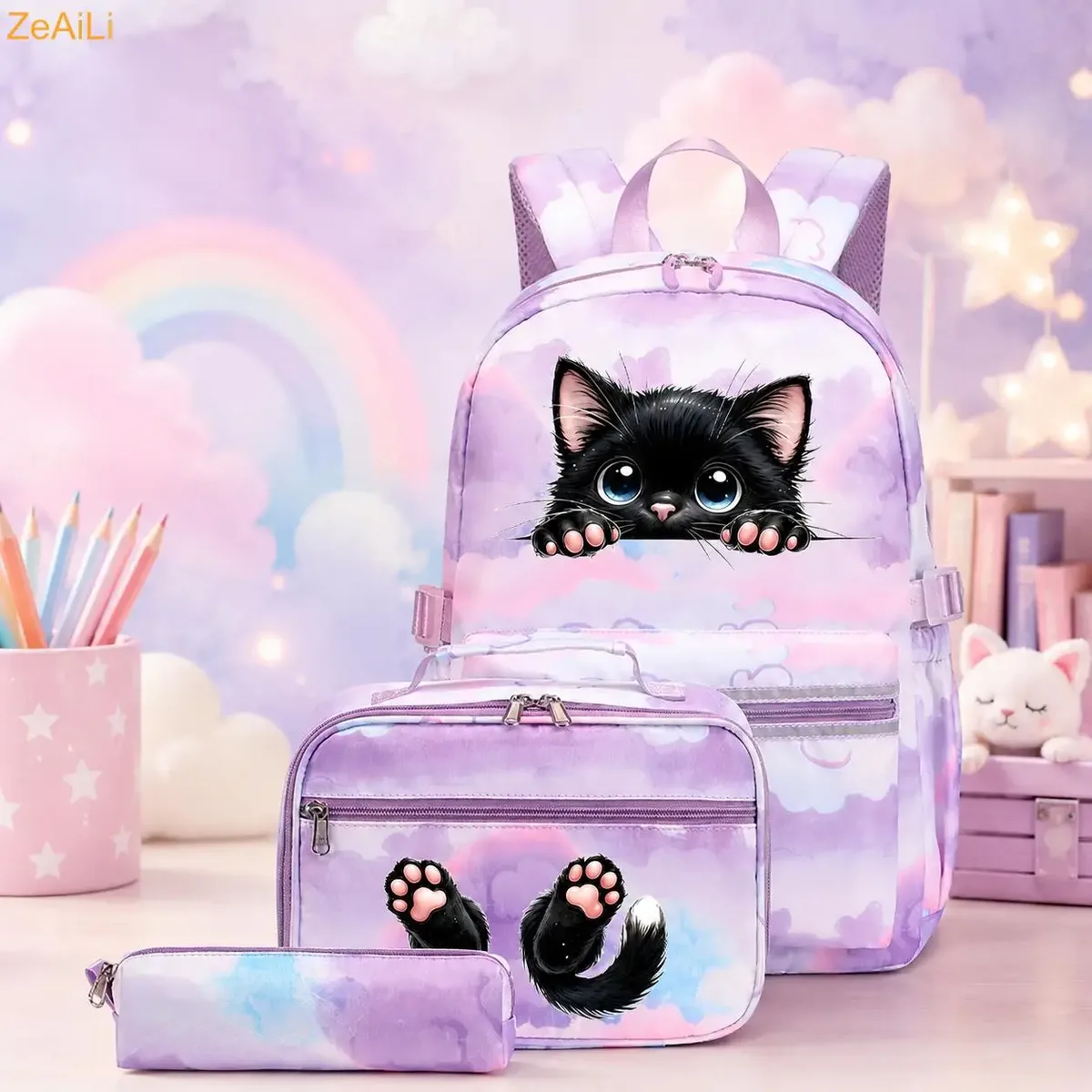 lot de 3 sacs à dos mignons pour étudiants et adolescents, motif patte de chien et chat, couleur violette, avec sac à déjeuner, sac de voyage coloré, sacs d'école pour garçons et filles, ensembles de mochilas