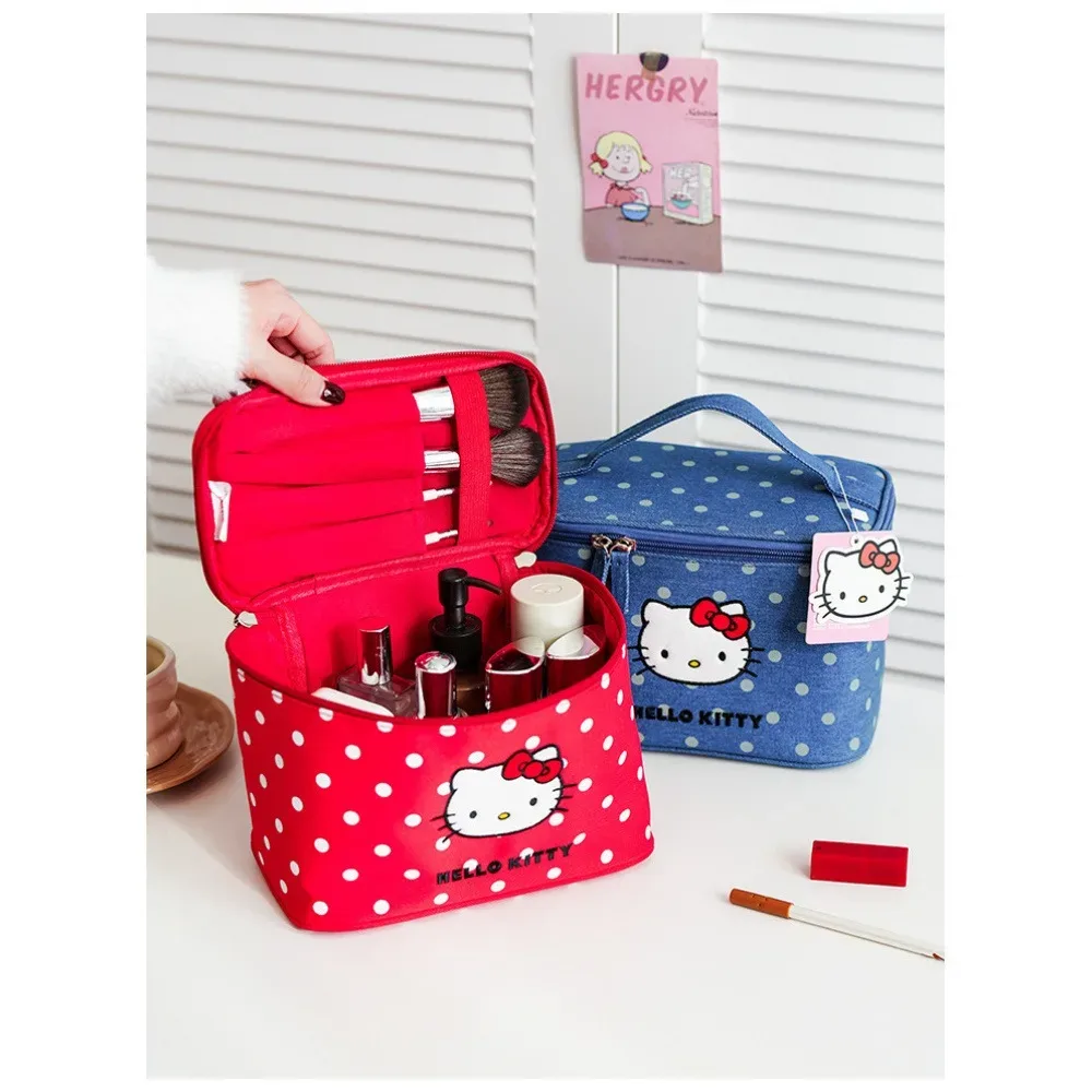 sac de voyage portable hello kitty mignon, trousse de maquillage à pois chat, boîte de rangement cosmétique à compartiments de grande capacité