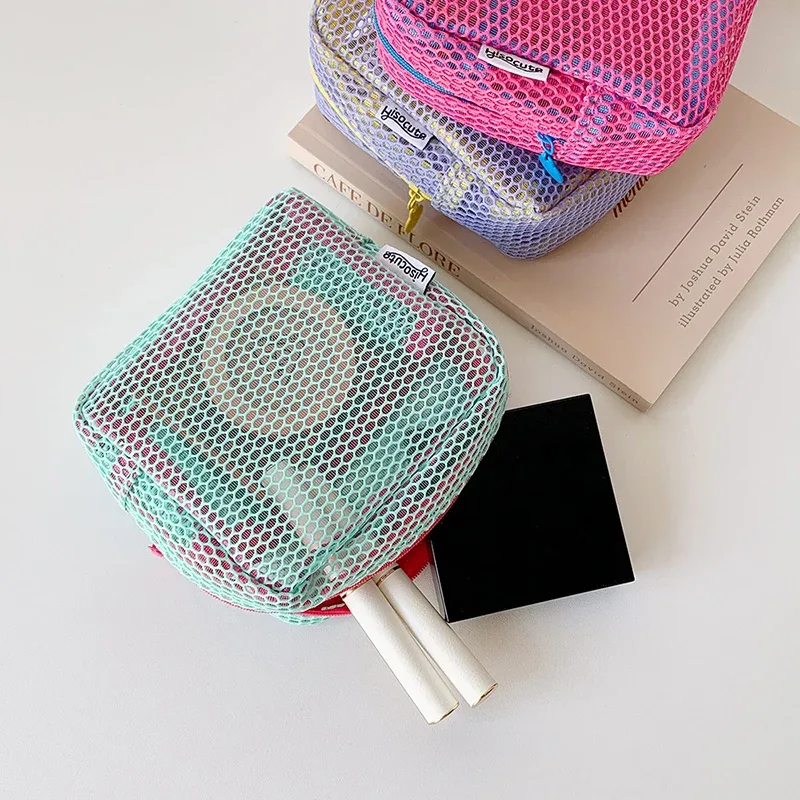 sac cosmétique carré en maille, sac de rangement cosmétique carré portable avec fermeture éclair, sac de rangement multi-usages pour articles divers