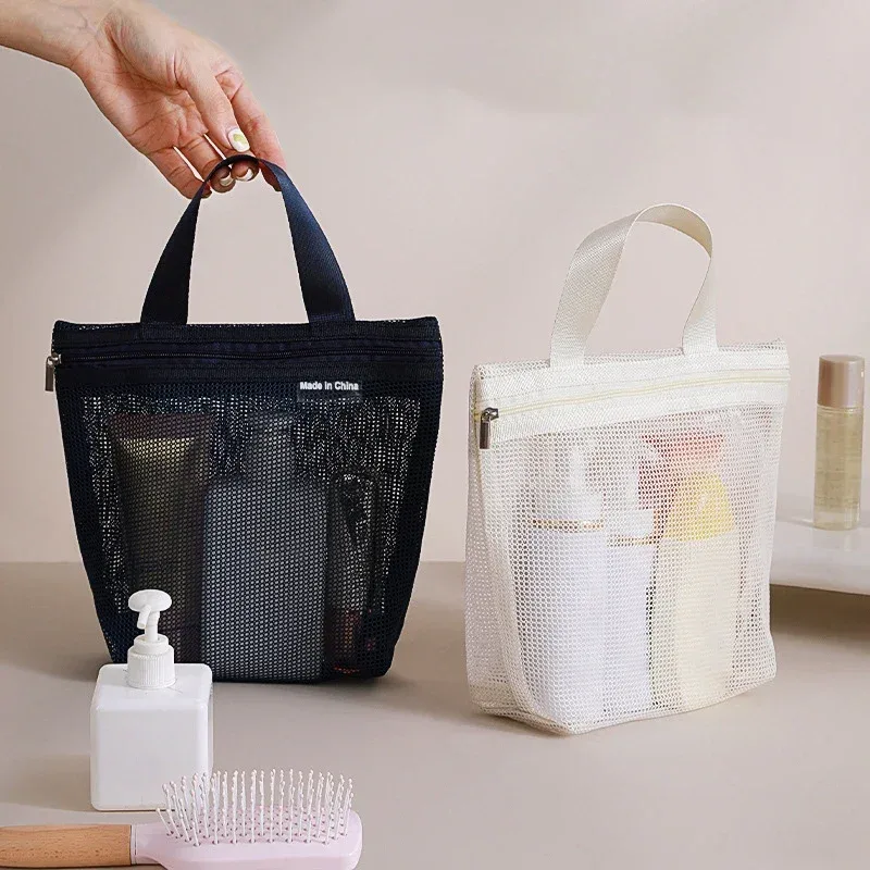 sacs de rangement de maquillage et de toilette en maille, sacs à main portables de voyage, lavage du corps, outils de douche, organisateur suspendu, pochette de rangement de cosmétiques