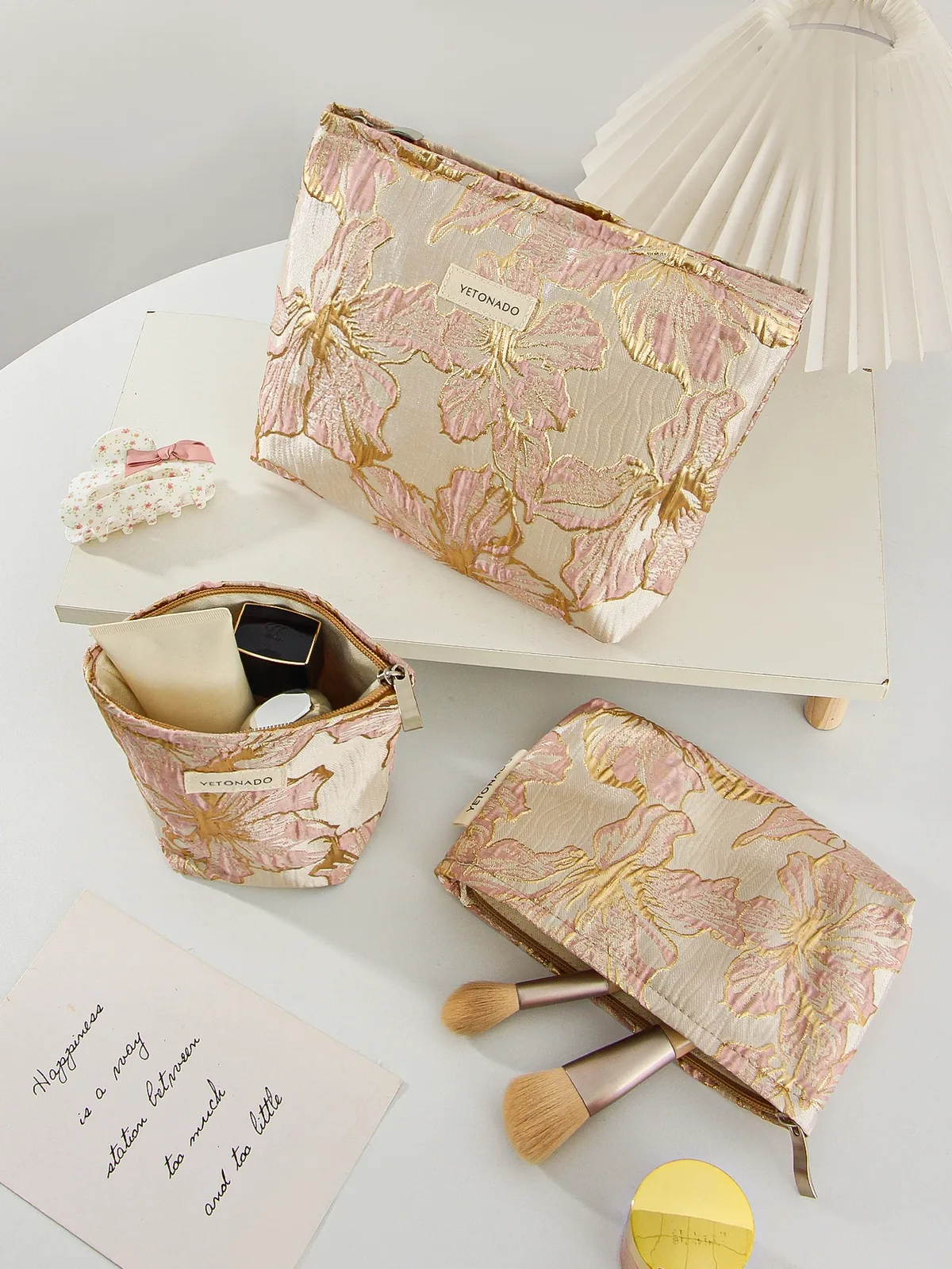 1 pièce/ensemble trousse de maquillage fleur dorée, trousse de maquillage de voyage mignonne, pochette pour articles de toilette, trousse de maquillage portable