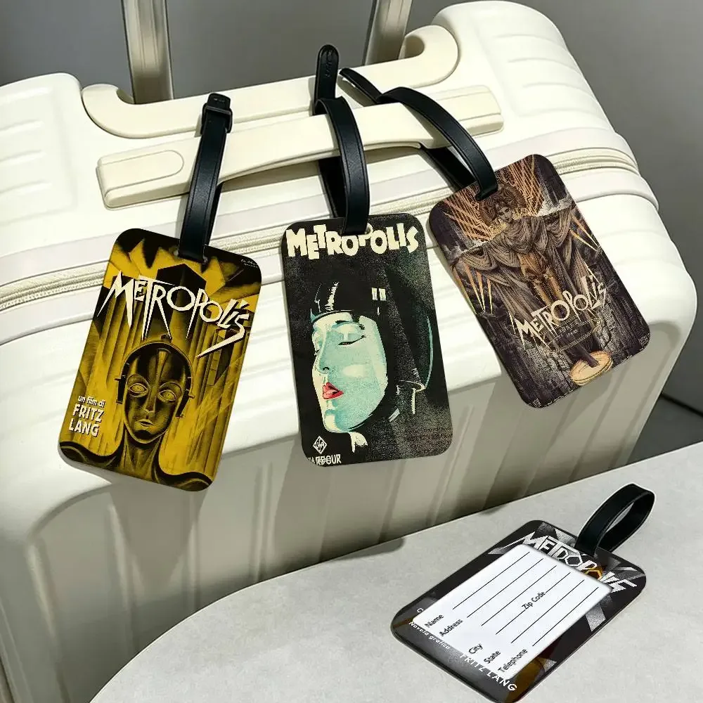 étiquette de bagage en pvc légère anti-perte, style rétro années 80, inspirée du film metropolis (allemagne), avec pochette amovible pour carte d'information, pour sac à dos