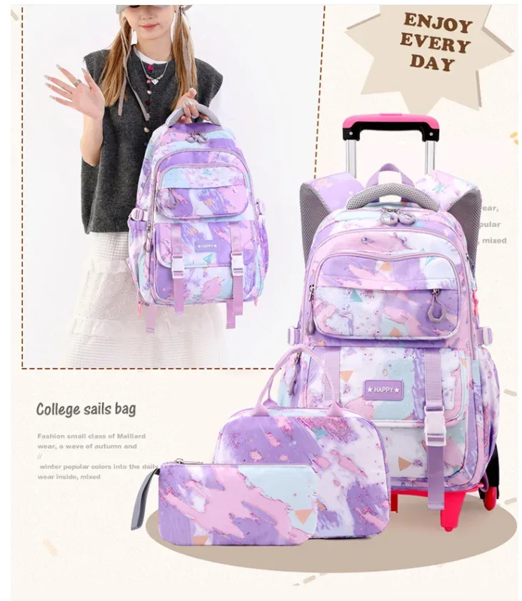 sac à dos d'école à roulettes pour filles cartable à roulettes enfants sac à dos à roulettes sacs à roulettes 3 pièces ensemble sacs à roulettes d'école