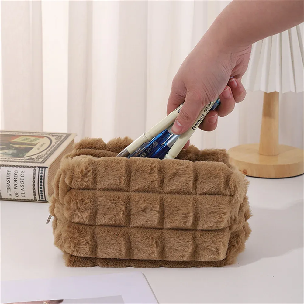 trousse de maquillage en peluche pour femme, sac de rangement cosmétique, rouge à lèvres, brosse, sacs à main chimevalupowers, grande capacité, trousse à crayons