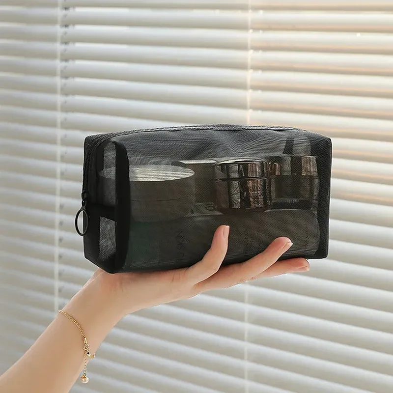 sacs cosmétiques transparents en maille noire - trousse de toilette de voyage portable, petite et grande, pochette de rangement pour maquillage et rouge à lèvres