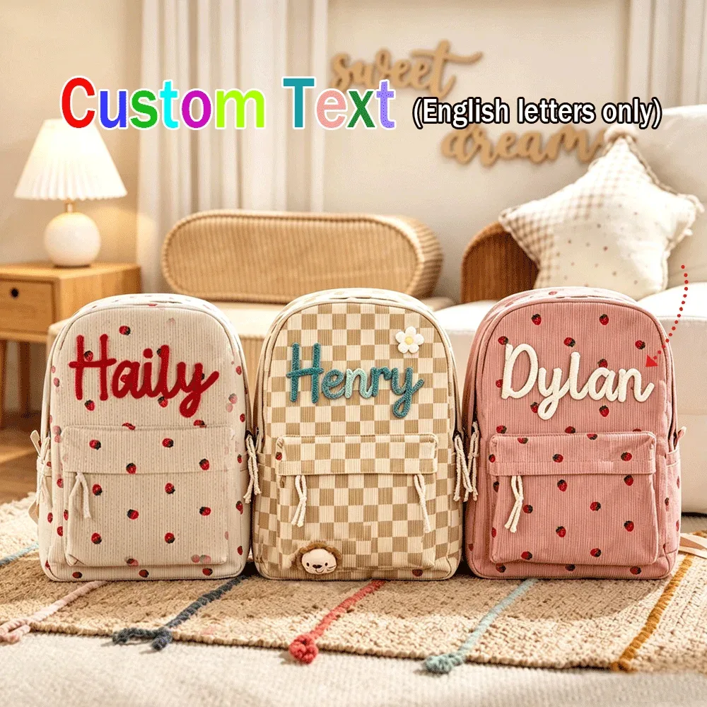 Sac à dos personnalisé en velours côtelé, motif fraise/à carreaux, simple et spacieux, cadeau parfait pour la rentrée scolaire