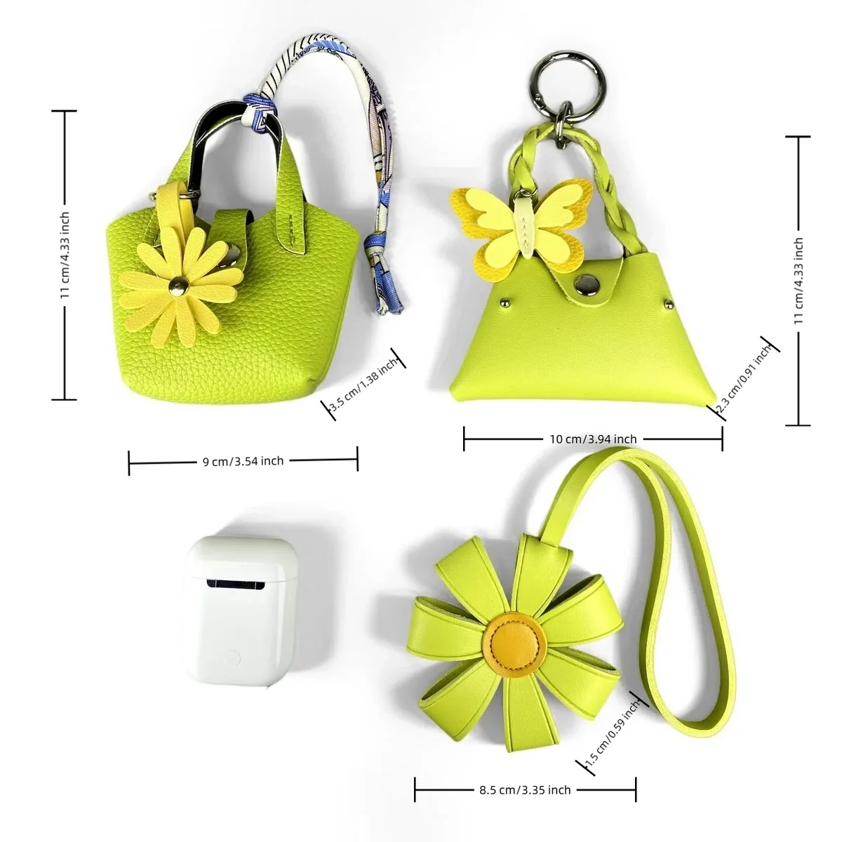 ensemble pochette tournesol et porte-clés en cuir pu vert pomme - porte-monnaie fonctionnel, étui pour écouteurs, organisateur de câbles - accessoire de sac, cadeau