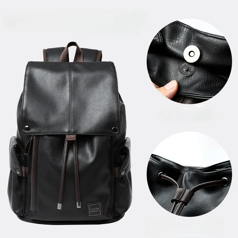 sac à dos à cordon de serrage pour hommes, sac à dos de voyage en cuir pu souple, sac pour ordinateur portable de 14 pouces, sac d'école décontracté, mochila rucksacks