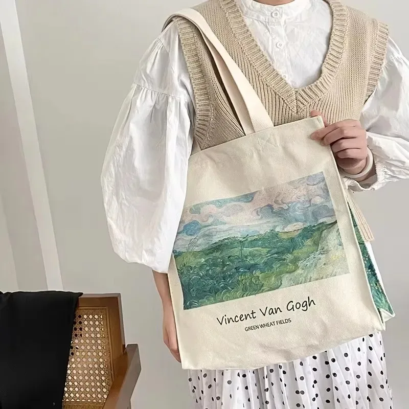 sac à bandoulière en toile extra épaisse pour femmes, van gogh morris, vintage, peinture à l'huile, fermeture éclair, livres, grand fourre-tout pour le shopping
