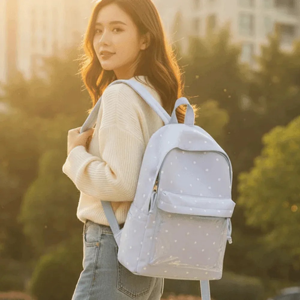 sac ita de style japonais avec sangles réglables, fenêtre transparente, sac à dos transparent, grande capacité, doublure en polyester, sac à dos à pois.