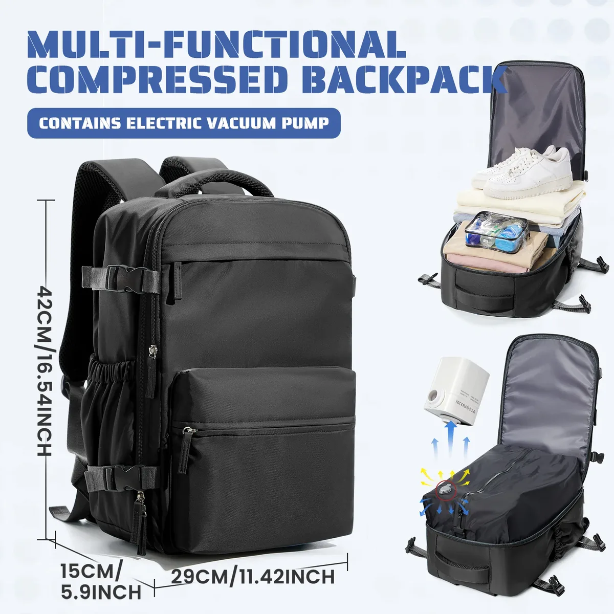 Sac à dos de voyage sous vide pour hommes, sac à dos de grande capacité, sac à dos pour ordinateur portable, sac à dos extensible pour femmes et hommes, sac d'école