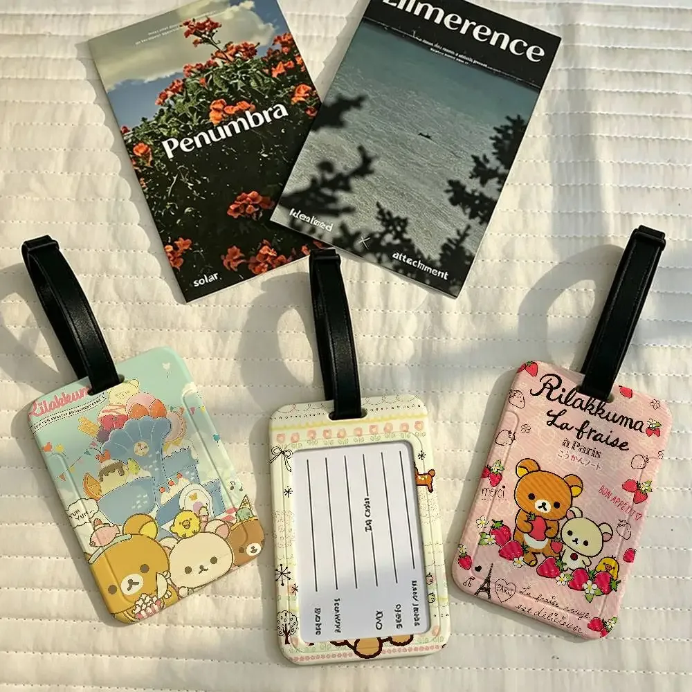 étiquette de bagage de voyage rilakkuma mignonne en dessin animé, étui en pvc pour carte d'information, marqueur de nom anti-perte pour sac à dos.