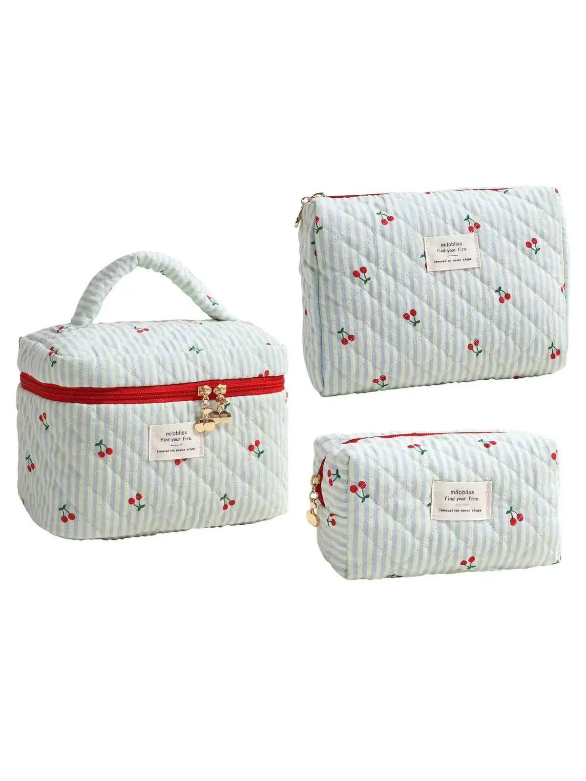 sac cosmétique matelassé à imprimé cerise rouge, version coréenne, à rayures tricolores, polyvalent et simple, idéal pour les sorties et les voyages.