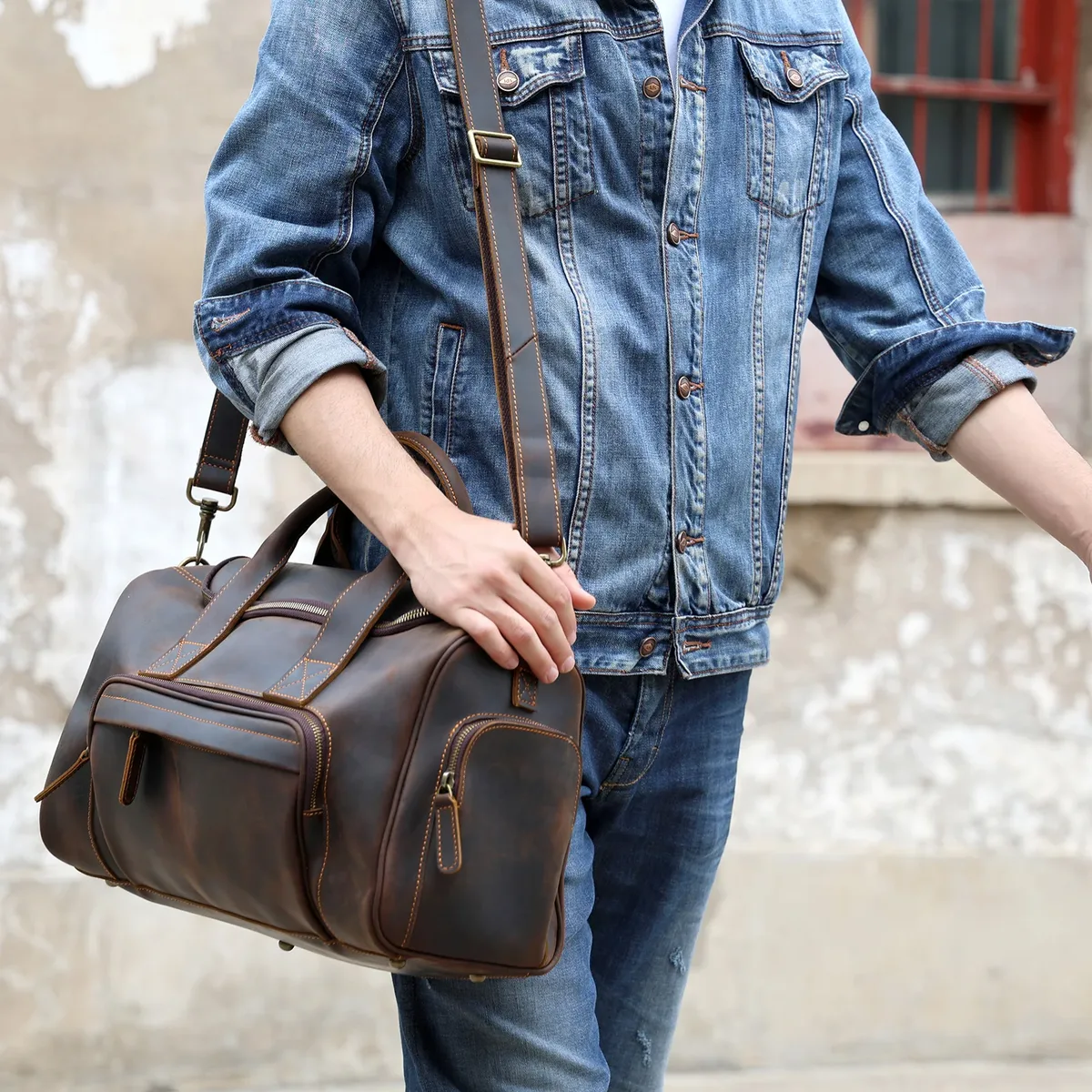 s.worker vintage sac de voyage en cuir véritable crazy horse cuir de vachette sac polochon sac de week-end pour hommes sac de sport bagage à main