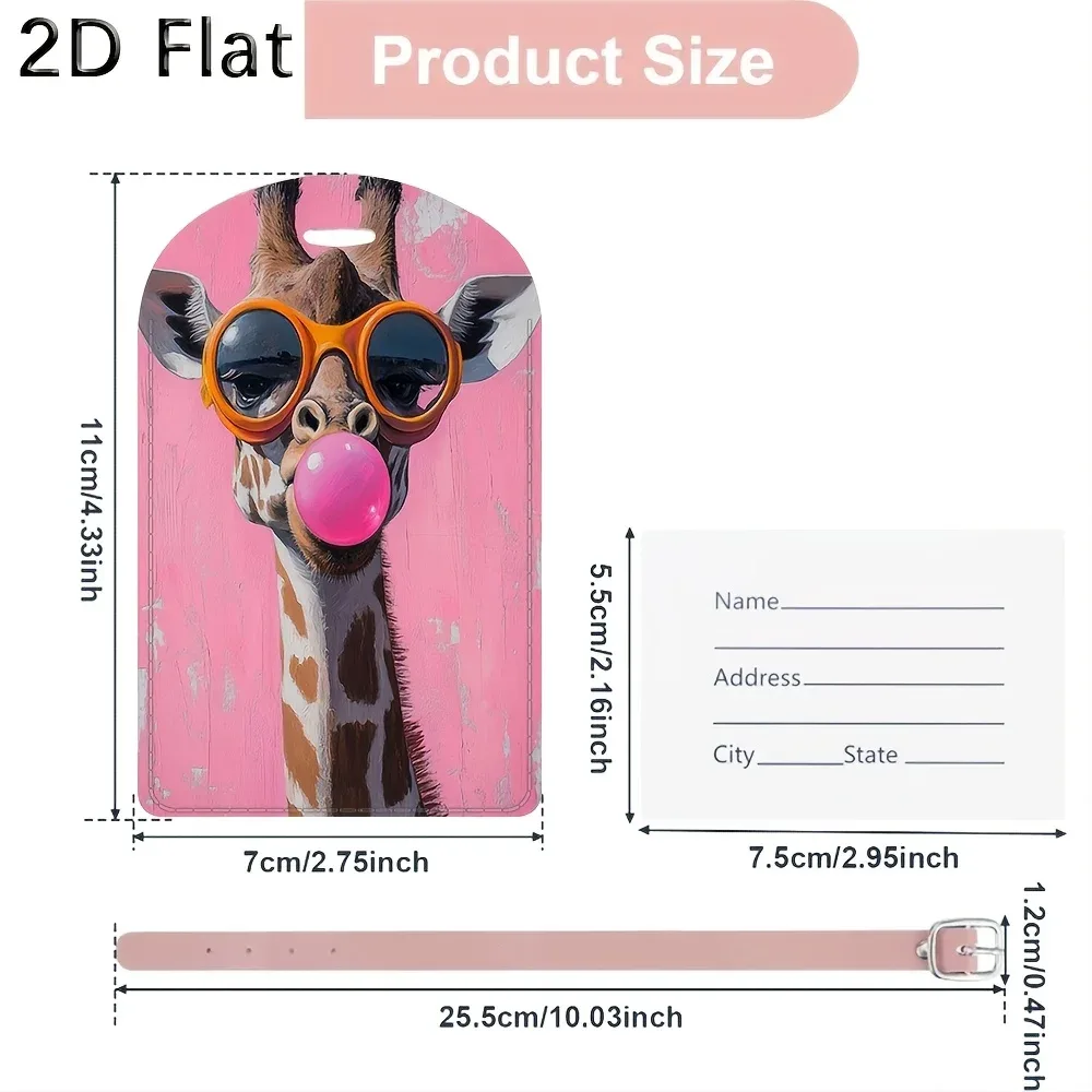 étiquette de bagage mignonne en forme de girafe avec lunettes et motif de chewing-gum, étiquette de valise pour le voyage