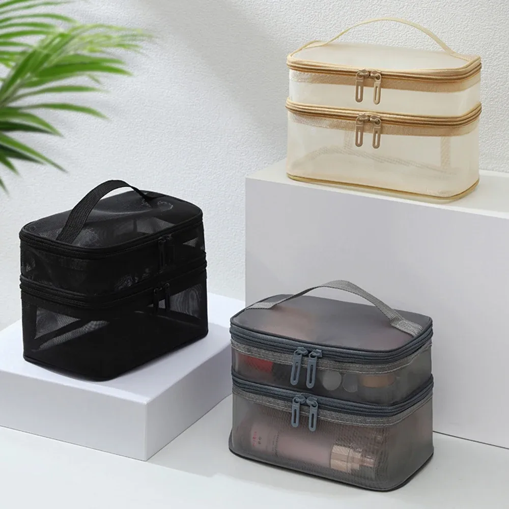 sac de voyage en maille transparente pour femmes, sac de rangement pour cosmétiques, trousse de toilette à 2 couches, sac de rangement de grande capacité pour maquillage
