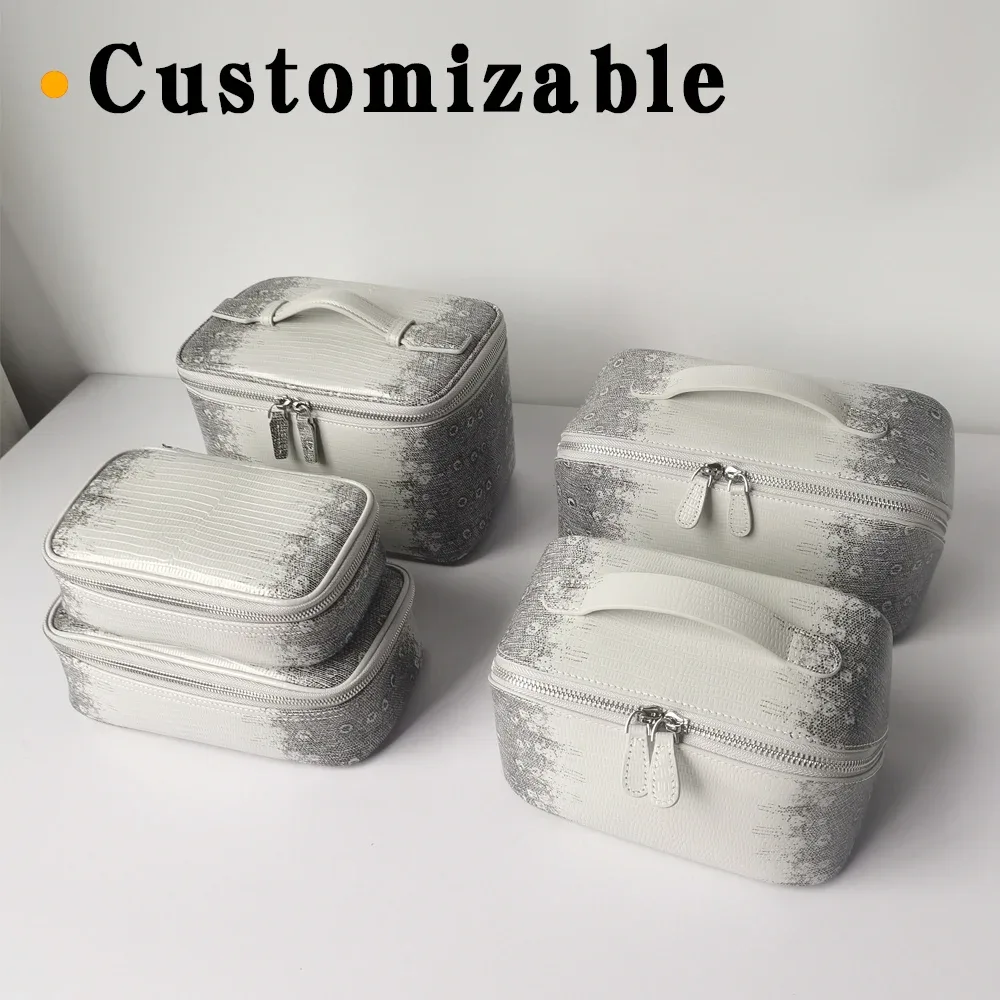 trousse de maquillage quotidienne en cuir de vachette grain lézard teinte himalaya pour femmes, légère et durable avec fermeture éclair