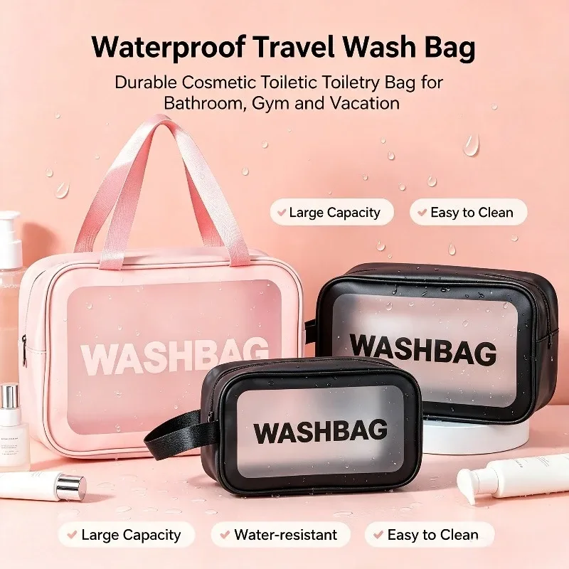 Nouvelle trousse de maquillage et de toilette transparente en trois pièces, grande capacité, sac de rangement portable en PVC semi-transparent givré