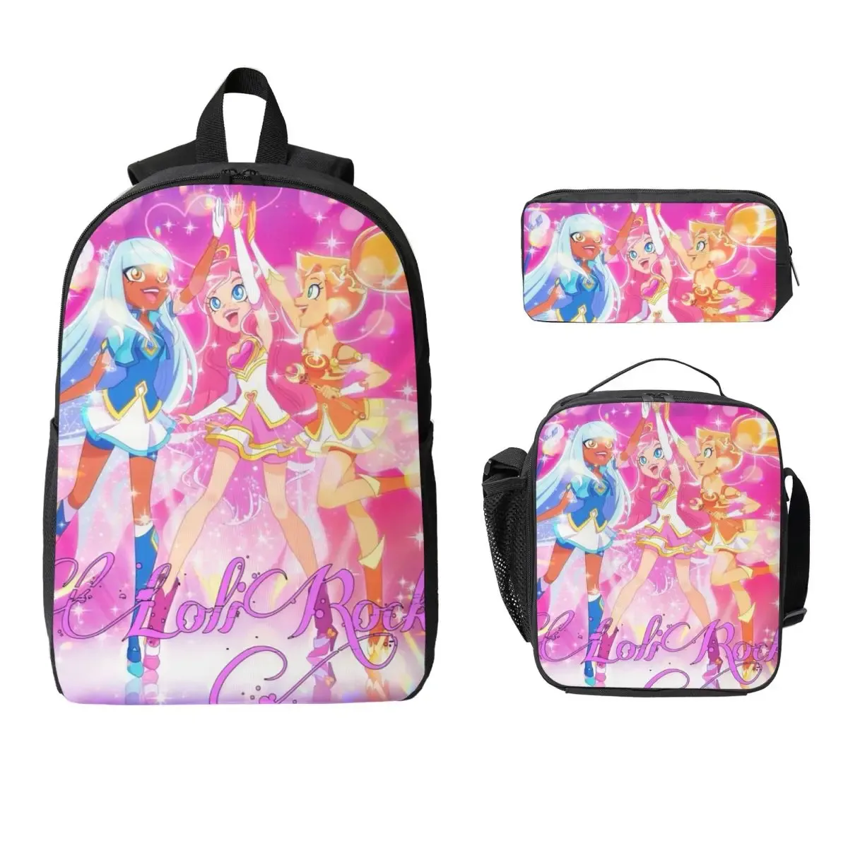 lolirock – sac à dos de dessin animé pour étudiants, sac d'école, sacs à bandoulière pour ordinateur portable, 3 pièces, sac à déjeuner isotherme, trousse à crayons